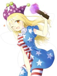 Rule 34 | 1girl, american flag dress, american flag legwear, american flag shirt, blonde hair, clownpiece, fairy wings, hat, highres, jester cap, long hair, one eye closed, open mouth, pantyhose, smile, solo, striped clothes, striped pantyhose, torch, touhou, tsuno no hito, very long hair, wings, yellow eyes