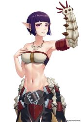 Rule 34 | 1girl, absurdres, arm up, armpits, artist name, belt, blunt bangs, breasts, brown gloves, capcom, collarbone, cowboy shot, earrings, gloves, hand up, highres, jewelry, kunai, medium breasts, monster hunter (series), monster hunter rise, navel, necklace, original, parted lips, pointy ears, purple eyes, red belt, seraphim throne, shell, shell necklace, shiny skin, short hair, simple background, single glove, solo, stomach, weapon, white background