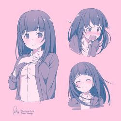 Rule 34 | 10s, 1girl, angry, artist name, azumi akitake, blunt bangs, blush, cardigan, character name, closed eyes, collared shirt, copyright name, eromanga sensei, expressions, hand on own chest, light smile, long hair, looking at viewer, monochrome, nose blush, open mouth, pink background, pink theme, shirt, simple background, smile, takasago tomoe, upper body