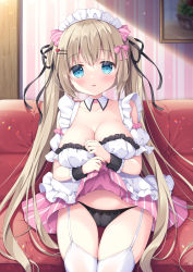 Rule 34 | 1girl, black panties, black ribbon, blonde hair, blue eyes, blush, bow, bow hairband, breasts, clothes pull, commentary request, hair ribbon, hairband, highres, indoors, large breasts, long hair, looking at viewer, maid, moe2021, open mouth, original, panties, pink bow, revision, ribbon, satsuki yukimi, skirt, skirt pull, solo, thighhighs, underwear