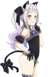 Rule 34 | 1girl, :d, animal ears, ass, black gloves, black one-piece swimsuit, blunt bangs, cat ears, cat tail, female focus, flat chest, frills, gloves, h2o (ddks2923), highres, hololive, long hair, looking at viewer, murasaki shion, murasaki shion (gothic lolita), one-piece swimsuit, open mouth, orange eyes, silver hair, simple background, smile, solo, swimsuit, tail, twintails, virtual youtuber, white background