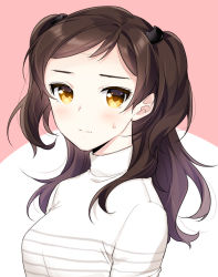 Rule 34 | 1girl, blush, brown hair, cat hair ornament, closed mouth, hair ornament, idolmaster, idolmaster million live!, kitazawa shiho, long hair, looking at viewer, pink background, shirt, solo, sweatdrop, touon, twintails, two-tone background, upper body, white background, white shirt, yellow eyes
