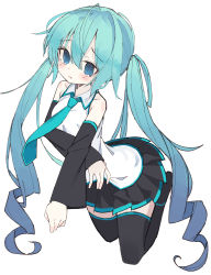 Rule 34 | 1girl, @ @, absurdres, aqua hair, aqua necktie, bare shoulders, black skirt, black sleeves, black thighhighs, blue eyes, collarbone, commentary, crossed arms, crying, crying with eyes open, detached sleeves, frown, full body, furrowed brow, happy cream, hatsune miku, highres, legs up, light blush, long hair, miniskirt, necktie, pleated skirt, shirt, skirt, sleeveless, sleeveless shirt, solo, tears, thighhighs, twintails, very long hair, vocaloid, white background, white shirt, zettai ryouiki