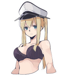 Rule 34 | 10s, 1girl, akagawa007, bad id, bad pixiv id, black bra, blonde hair, blue eyes, blush, bra, braid, breasts, cropped torso, graf zeppelin (kancolle), hair over breasts, hat, highres, kantai collection, long hair, looking at viewer, medium breasts, no legs, peaked cap, simple background, solo, twintails, underwear, upper body, white background