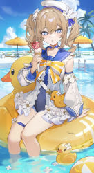 Rule 34 | 1girl, arm support, barbara (genshin impact), barbara (summertime sparkle) (genshin impact), bare legs, beach umbrella, blonde hair, blue choker, blue eyes, blue one-piece swimsuit, blue sailor collar, blue sky, bow, choker, cloud, covered navel, day, detached sleeves, drill hair, flower, food, frills, genshin impact, hand up, hat, highres, holding, holding food, ice cream cone, inflatable toy, long hair, looking at viewer, official alternate costume, one-piece swimsuit, outdoors, palm tree, pool, ringlets, rubber duck, sailor collar, sidelocks, sitting, sky, smile, soaking feet, solo, swimsuit, thigh strap, tree, twin drills, u tnmn, umbrella, water, white flower, white hat, white sleeves, yellow bow