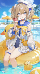 1girl arm_support barbara_(genshin_impact) barbara_(summertime_sparkle)_(genshin_impact) bare_legs beach_umbrella blonde_hair blue_choker blue_eyes blue_one-piece_swimsuit blue_sailor_collar blue_sky bow choker cloud covered_navel day detached_sleeves drill_hair flower food frills genshin_impact hand_up hat highres holding holding_food ice_cream_cone inflatable_toy long_hair looking_at_viewer official_alternate_costume one-piece_swimsuit outdoors palm_tree pool ringlets rubber_duck sailor_collar sidelocks sitting sky smile soaking_feet solo swimsuit thigh_strap tree twin_drills u_tnmn umbrella water white_flower white_hat white_sleeves yellow_bow