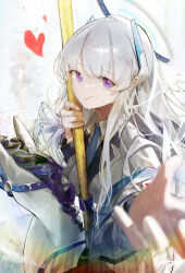 Rule 34 | 2girls, absurdres, blazer, blue archive, breasts, carousel, foreshortening, grey hair, halo, highres, holding, holding pole, jacket, long hair, md5 mismatch, medium breasts, multiple girls, noa (blue archive), pole, purple eyes, reaching, reaching towards viewer, redrawn, renn 01, skirt, solo focus, taking picture, very long hair, white jacket, white skirt, yuuka (blue archive)