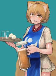 Rule 34 | 1girl, :d, absurdres, animal ears, blonde hair, blue background, blush, breasts, chanta (ayatakaoisii), cowboy shot, cup, dress, food, fox ears, fox tail, highres, holding, holding cup, holding tray, ice cream, large breasts, looking at viewer, multiple tails, no headwear, open mouth, pitcher (container), short hair, smile, solo, sweat, tabard, tail, touhou, tray, white dress, yakumo ran, yellow eyes