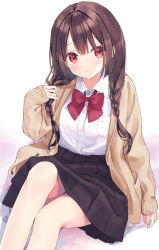 Rule 34 | 1girl, beige cardigan, black skirt, blush, bow, bowtie, braid, brown hair, cardigan, closed mouth, collared shirt, hand in own hair, long hair, long sleeves, original, pleated skirt, red bow, red bowtie, red eyes, rimo, school uniform, shirt, simple background, sitting, skirt, smile, solo, twin braids, white background, white shirt