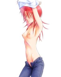 Rule 34 | 1girl, armpits, arms up, blush, bonnie (rsg), breasts, denim, hino kahoko, jeans, la corda d&#039;oro, long hair, nipples, no panties, one eye closed, pants, red hair, simple background, small breasts, tomboy, topless, undressing, unzipped, wink, yellow eyes