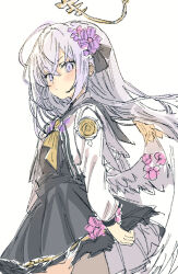 Rule 34 | 1girl, angel wings, azusa (blue archive), black dress, blue archive, blush, closed mouth, cowboy shot, dress, feathered wings, flower, gorirago, grey hair, hair between eyes, hair flower, hair ornament, halo, highres, jacket, long hair, long sleeves, open clothes, open jacket, purple eyes, purple flower, simple background, solo, white background, white jacket, white wings, wings, yellow halo