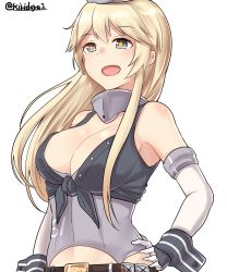 Rule 34 | 1girl, absurdres, bare shoulders, belt, belt buckle, blonde hair, blush, breasts, brown belt, buckle, elbow gloves, gloves, hair between eyes, hand on own hip, highres, iowa (kancolle), kantai collection, kiritto, large breasts, long hair, open mouth, simple background, solo, star-shaped pupils, star (symbol), symbol-shaped pupils, twitter username, upper body, white background