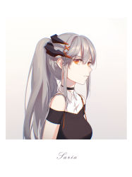 Rule 34 | 1girl, arknights, black choker, black shirt, border, choker, chromatic aberration, closed mouth, collared shirt, commentary, cursive, dragon horns, english text, eva (puyi), expressionless, from side, gradient background, grey background, hair ornament, highres, horns, long hair, looking at viewer, off-shoulder shirt, off shoulder, orange eyes, ponytail, saria (arknights), shirt, sidelocks, silver hair, solo, upper body, white border, white shirt, x hair ornament