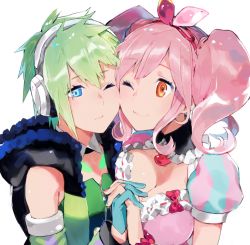Rule 34 | 2girls, aisutabetao, asymmetrical docking, blue eyes, breast press, breasts, brown eyes, cleavage, flat chest, green hair, heads together, headphones, large breasts, looking at another, macross, macross delta, makina nakajima, multiple girls, one eye closed, pink hair, reina prowler, twintails, yuri