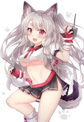 Rule 34 | 1girl, :d, animal ears, azur lane, bare legs, belt, blush, braid, breasts, claw pose, commentary request, covered erect nipples, crop top, fang, fingerless gloves, gloves, groin, hair between eyes, hair ornament, heart, heart hair ornament, highres, kazuneko (wktk1024), leg up, long hair, looking at viewer, medium breasts, midriff, multicolored nails, nail polish, navel, no bra, open mouth, paw ornament, paw print, paw print background, red belt, red eyes, shirt, silver hair, simple background, single braid, slit pupils, smile, solo, tail, thighs, underboob, very long hair, white shirt, yuudachi (azur lane)