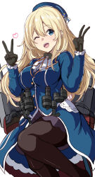 Rule 34 | 1girl, atago (kancolle), beret, black pantyhose, blonde hair, blue eyes, blue hat, blush, breasts, double v, hair between eyes, hat, heart, highres, kantai collection, large breasts, long hair, long sleeves, machinery, one eye closed, open mouth, pantyhose, rigging, simple background, smile, solo, suberaku, uniform, v, white background