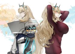Rule 34 | 2girls, absurdres, armor, barghest (fate), barghest (first ascension) (fate), blonde hair, breasts, dual persona, fate/grand order, fate (series), green eyes, highres, horns, huge breasts, large breasts, long hair, multiple girls, obazzotto