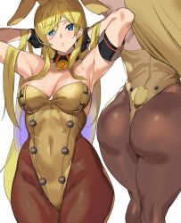 Rule 34 | 1girl, adapted costume, animal ears, ashiomi masato, ass, bare shoulders, blonde hair, blue eyes, blush, breasts, brown pantyhose, cleavage, detached collar, fake animal ears, from behind, guilty gear, guilty gear strive, hat, highres, huge ass, large breasts, leotard, long hair, looking at viewer, millia rage, pantyhose, playboy bunny, rabbit ears, rabbit tail, shiny clothes, shiny skin, simple background, solo, thick thighs, thighs, very long hair, white background, wide hips
