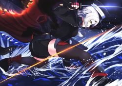 Rule 34 | 1girl, azur lane, black cape, black hat, black shirt, black shorts, black thighhighs, burning clothes, cape, fingerless gloves, from side, gloves, hat, highres, holding, holding sword, holding weapon, horns, kinu (azur lane), long hair, looking at viewer, oni horns, peaked cap, red gloves, sakamoto (slopepepepe), shirt, shorts, sideways glance, solo, sword, thighhighs, water, weapon, white hair, yellow eyes