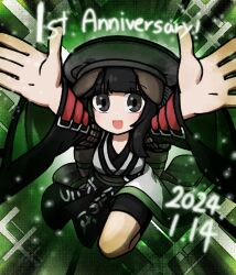 Rule 34 | 1boy, anniversary, black eyes, black hair, black hat, black shorts, commentary request, dated, green trim, grey kimono, hat, highres, indie virtual youtuber, japanese clothes, kimono, long sleeves, male focus, open mouth, reaching, reaching towards viewer, shorts, smile, solo, tabinoki kanae, tabinoki kanae (1st costume), virtual youtuber, websci 3357