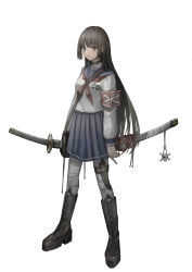 Rule 34 | 1girl, absurdres, armband, bandaged leg, bandages, black choker, black footwear, blouse, blue sailor collar, blue skirt, boots, brown eyes, brown hair, choker, closed mouth, commentary, expressionless, full body, highres, holster, katana, knee boots, knife, legs apart, long hair, long sleeves, looking at viewer, neckerchief, original, pleated skirt, red armband, red neckerchief, sailor collar, school uniform, serafuku, shirt, shoulder strap, simple background, skirt, skull, solo, standing, subfiction, sword, thigh holster, very long hair, weapon, white background, white shirt