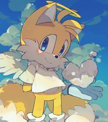 Rule 34 | 1boy, absurdres, angel, animal nose, blue eyes, blue sky, blush, c52278, closed mouth, cloud, fox boy, fox tail, furry, furry male, gloves, highres, looking at viewer, male focus, multiple tails, shirt, short sleeves, sky, smile, solo, sonic (series), tail, tails (sonic), two tails, white gloves, white shirt, wings