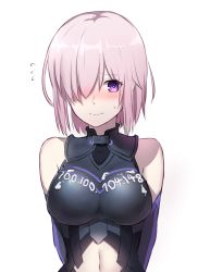 Rule 34 | 1girl, absurdres, bare shoulders, blush, chinese text, commentary request, fate/grand order, fate (series), flying sweatdrops, hair over one eye, highres, mash kyrielight, navel, pink hair, purple eyes, short hair, simple background, simplified chinese text, solo, white background, xiujia yihuizi