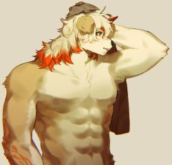 Rule 34 | 1boy, abs, absurdres, arknights, arm up, furry, furry male, highres, holding, holding towel, horns, hung (arknights), long hair, looking to the side, male focus, multicolored hair, muscular, muscular male, mythological creature, orange eyes, pectorals, pluto (pu94 d1de4c), simple background, single horn, topless male, towel, upper body
