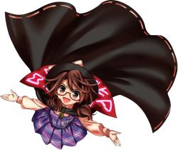 Rule 34 | 1girl, :d, brown eyes, brown hair, cape, clothes writing, from above, glasses, harukawa moe, hat, long sleeves, looking at viewer, looking up, official art, open mouth, plaid, plaid shirt, plaid skirt, pleated skirt, red-framed eyewear, shirt, short hair, skirt, skirt set, smile, solo, touhou, transparent background, twintails, urban legend in limbo, usami sumireko, white background