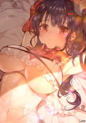 Rule 34 | 1girl, armpits, bad id, bad twitter id, bed sheet, black hair, blush, breasts, crying, crying with eyes open, female focus, hair ornament, hairclip, large breasts, long hair, lying, on back, open mouth, original, red eyes, solo, sukja, tears, underboob