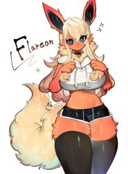 Rule 34 | 1girl, animal ears, animal hands, black eyes, blonde hair, breasts, brown hair, choker, claws, creatures (company), crop top, ear piercing, flareon, fluffy, fur collar, furry, furry female, game freak, gen 1 pokemon, hands on own chest, highres, hood, hoodie, huge breasts, long hair, looking at viewer, midriff, multicolored hair, navel, nintendo, orange fur, piercing, pokemon, pokemon (creature), short shorts, shorts, snout, tail, thick thighs, thighhighs, thighs, togetoge, white fur, wide hips, zettai ryouiki
