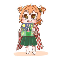 Rule 34 | 1girl, aged down, bell, book, chamaji, checkered clothes, checkered kimono, hair bell, hair ornament, holding, holding book, japanese clothes, jingle bell, kimono, motoori kosuzu, open mouth, red eyes, red hair, short hair, short kimono, skirt, smile, socks, solo, tabi, taketori monogatari, touhou, translation request, twintails, two side up, white background, wide sleeves
