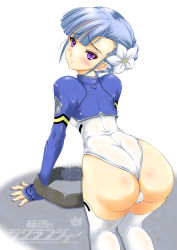 Rule 34 | 10s, 1girl, all fours, ass, belt, bent over, blue hair, blush, cameltoe, female focus, fin e ld si laffinty, huge ass, imaizumi atsushi, leotard, looking at viewer, looking back, purple eyes, rinne no lagrange, short hair, simple background, solo, thighhighs, trefoil, wedgie