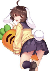 Rule 34 | 1girl, ahoge, alternate costume, animal ears, black skirt, black socks, blush, brown eyes, brown footwear, brown hair, cardigan, commentary request, floppy ears, foot out of frame, hataraki kuma, inaba tewi, looking at viewer, miniskirt, one eye closed, pleated skirt, rabbit ears, rabbit girl, rabbit tail, school uniform, serafuku, short hair, simple background, skirt, sleeves past wrists, socks, solo, stuffed carrot, tail, thighs, tongue, tongue out, touhou, underbutt, v, white background, yellow cardigan
