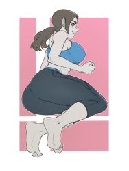 Rule 34 | 1girl, ass, barefoot, black hair, capri pants, colored skin, earrings, grey eyes, highres, jewelry, kevvv, long hair, looking at viewer, nintendo, pants, ponytail, simple background, solo, stud earrings, super smash bros., tank top, white skin, wii fit, wii fit trainer, wii fit trainer (female)