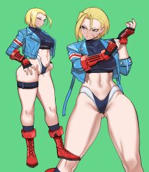 Rule 34 | 1girl, abs, blonde hair, blue eyes, boots, cammy white, crop top, cropped jacket, gauntlets, gloves, green background, hands on own hips, highres, scar, scar on face, street fighter, street fighter 6, toned, vulcan (ejel2000)