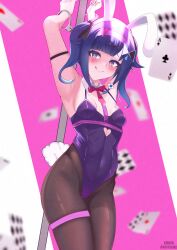 Rule 34 | 1girl, :q, absurdres, ace (playing card), ace of hearts, animal ears, armpits, arms up, bare shoulders, blue eyes, blue hair, blunt bangs, blush, bound, bound wrists, breasts, brown pantyhose, card, clothing cutout, covered navel, cuffed, cuffs, detached collar, fake animal ears, hair ornament, handcuffs, heart, heart cutout, highleg, highleg leotard, highres, kiri yukino, leotard, looking at viewer, medium hair, naughty face, pantyhose, playboy bunny, playing card, pole, purple leotard, rabbit ears, rabbit hole (vocaloid), small breasts, solo, stripper pole, thigh strap, tongue, tongue out, tsumugi kokage, twintails, virtual youtuber, vspo!, x hair ornament