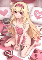 Rule 34 | 1girl, :q, absurdres, apron, bare arms, bare shoulders, between legs, blonde hair, candy, chocolate, chocolate heart, closed mouth, food, frilled apron, frills, hairband, heart, highres, little witch nobeta, long hair, looking at viewer, naked apron, naughty face, nobeta, official art, oopartz yang, pink apron, red eyes, sitting, smile, solo, strap slip, thighs, tongue, tongue out, very long hair, wariza, whisk