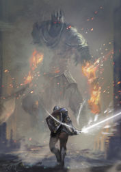 Rule 34 | armor, ashen one (dark souls 3), blurry, commentary request, crown, dark souls (series), dark souls iii, fire, from behind, full armor, gauntlets, glowing, glowing eyes, helmet, highres, holding, holding sword, holding weapon, miso katsu, pants, red eyes, shield, signature, standing, sword, weapon, yhorm&#039;s great machete (weapon), yhorm the giant