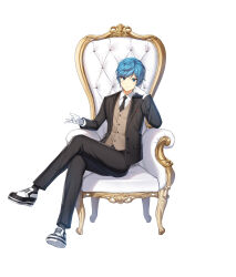 Rule 34 | 1boy, armchair, black jacket, black necktie, black pants, black socks, blue eyes, blue hair, brown vest, chair, closed mouth, closers, collared shirt, crossed legs, elbow rest, formal, full body, gloves, hands up, head rest, highres, jacket, looking at viewer, male focus, nata (closers), necktie, official art, on chair, outstretched hand, oxfords, pants, shirt, short hair, sitting, smile, socks, solo, suit, swept bangs, tachi-e, v-shaped eyebrows, vest, white background, white footwear, white gloves, white shirt