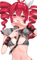 Rule 34 | 1girl, absurdres, ahoge, belt, belt buckle, bikini, black belt, black bikini, black wristband, blush, bow, breasts, bright pupils, buckle, collar bikini miku (meme), commentary request, crop top, embarrassed, grey bikini, grey shirt, hair between eyes, hair bow, hand on own chest, hands up, highres, kasane teto, kasane teto (sv), looking at viewer, medium hair, meme, navel, parted lips, red eyes, red hair, red trim, shebuluo kafusha, shirt, short sleeves, shoulder belt, sidelocks, simple background, small breasts, swimsuit, synthesizer v, tearing up, turtleneck, two-tone bikini, upper body, utau, white background, white bow, white pupils