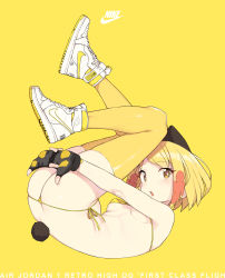 Rule 34 | 1girl, absurdres, air jordan, ass, bikini, blonde girl (cloba), blonde hair, breasts, bright pupils, butt crack, cloba, commentary, fingerless gloves, full body, gloves, highres, looking at viewer, nike (company), original, parted lips, rabbit tail, shoes, short hair, side-tie bikini bottom, simple background, skindentation, small breasts, sneakers, solo, string bikini, striped bikini, striped clothes, swimsuit, tail, thighhighs, yellow background, yellow bikini, yellow eyes, yellow theme, yellow thighhighs