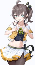 Rule 34 | 1girl, :p, absurdres, ahoge, black camisole, brown hair, camisole, cat hair ornament, cropped jacket, green eyes, hair ornament, heart, heart hands, highres, hololive, midriff, miniskirt, natsuiro matsuri, natsuiro matsuri (1st costume), navel, neck ribbon, pantyhose, pipi20211026, ribbon, side ponytail, simple background, skirt, spaghetti strap, tongue, tongue out, virtual youtuber, white background