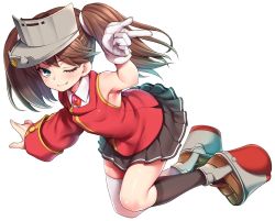 Rule 34 | 1girl, adapted costume, alternate eye color, armpits, asymmetrical clothes, asymmetrical legwear, asymmetrical sleeves, bad id, bad twitter id, black socks, brown hair, fang, full body, gloves, green eyes, grey skirt, highres, inactive account, japanese clothes, kantai collection, kariginu, kneehighs, long hair, looking at viewer, magatama, one eye closed, pleated skirt, red shirt, ryuujou (kancolle), shirt, simple background, single sleeve, skirt, socks, solo, thighhighs, twintails, uneven legwear, uneven sleeves, uousa-ou, visor cap, white background, white gloves, white socks