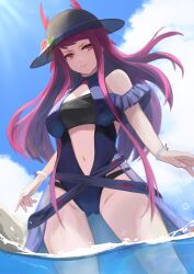 Rule 34 | 1girl, black hat, blue one-piece swimsuit, blue sky, bracelet, closed mouth, clothing cutout, fire emblem, fire emblem engage, fire emblem heroes, gluteal fold, hat, highres, ivy (fire emblem), ivy (summer) (fire emblem), jewelry, labebebe lee, long hair, looking at viewer, navel, nintendo, ocean, official alternate costume, one-piece swimsuit, partially submerged, purple eyes, purple hair, sky, solo, swimsuit, water