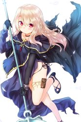 Rule 34 | 1girl, baram, bare legs, black choker, black footwear, braid, cape, choker, collarbone, commentary request, cosplay, fate/kaleid liner prisma illya, fate (series), holding, holding weapon, holster, illyasviel von einzbern, long hair, long sleeves, looking at viewer, medea (fate), medea (fate) (cosplay), pelvic curtain, polearm, red eyes, sidelocks, smile, solo, thigh holster, thighs, torn cape, torn clothes, weapon