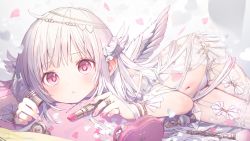 Rule 34 | 1girl, blush, cosmetics, feathered wings, heart, highres, jewelry, lipstick tube, looking at viewer, lying, nail polish, navel, on side, original, panties, parted lips, pink eyes, pink nails, ring, ryota (ry o ta), shadow, solo, underwear, white nails, white panties, white wings, wings, zipper, zipper pull tab