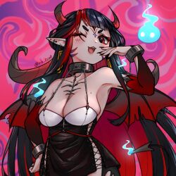 Rule 34 | 1girl, black hair, blue fire, breasts, cleavage, cuffs, demon girl, demon horns, demon tail, detached sleeves, evil smile, fire, handcuffs, highres, hime cut, hojo studio, horns, long hair, medium breasts, morie (hojo studio), nail, pointy ears, red eyes, rie ccat, smile, solo, tail, virtual youtuber