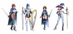 Rule 34 | 4girls, armor, bikini armor, blonde hair, blue eyes, boots, breastplate, breasts, brown hair, cape, cleavage, cloak, elbow gloves, gauntlets, gloves, hat, high heel boots, high heels, highres, knight, large breasts, long hair, multiple girls, navel, original, shield, short hair, shoulder armor, simple background, staff, sword, thigh boots, thighhighs, uns (sdsxsoverlord), weapon, witch hat