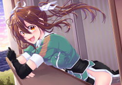 Rule 34 | 1girl, :d, blush, breasts, brown eyes, brown hair, elbow gloves, gloves, hair ribbon, kantai collection, leaning forward, long hair, looking at viewer, looking to the side, medium breasts, open mouth, pelvic curtain, ribbon, single elbow glove, smile, solo, tone (kancolle), tone kai ni (kancolle), twintails, yami (m31)